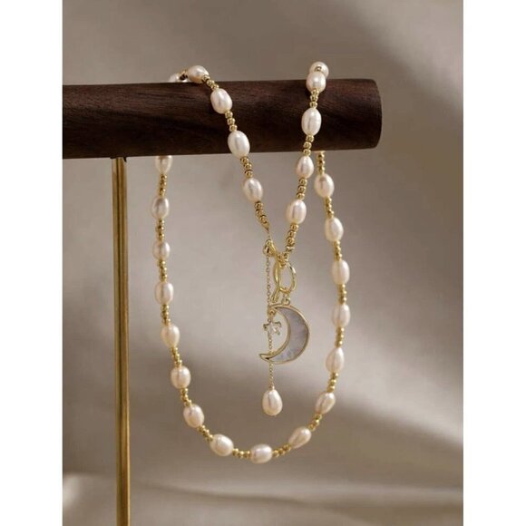 Cultured Pearl Moon Star Charm Necklace OT Buckle White Chain Real Natural - Picture 8 of 10